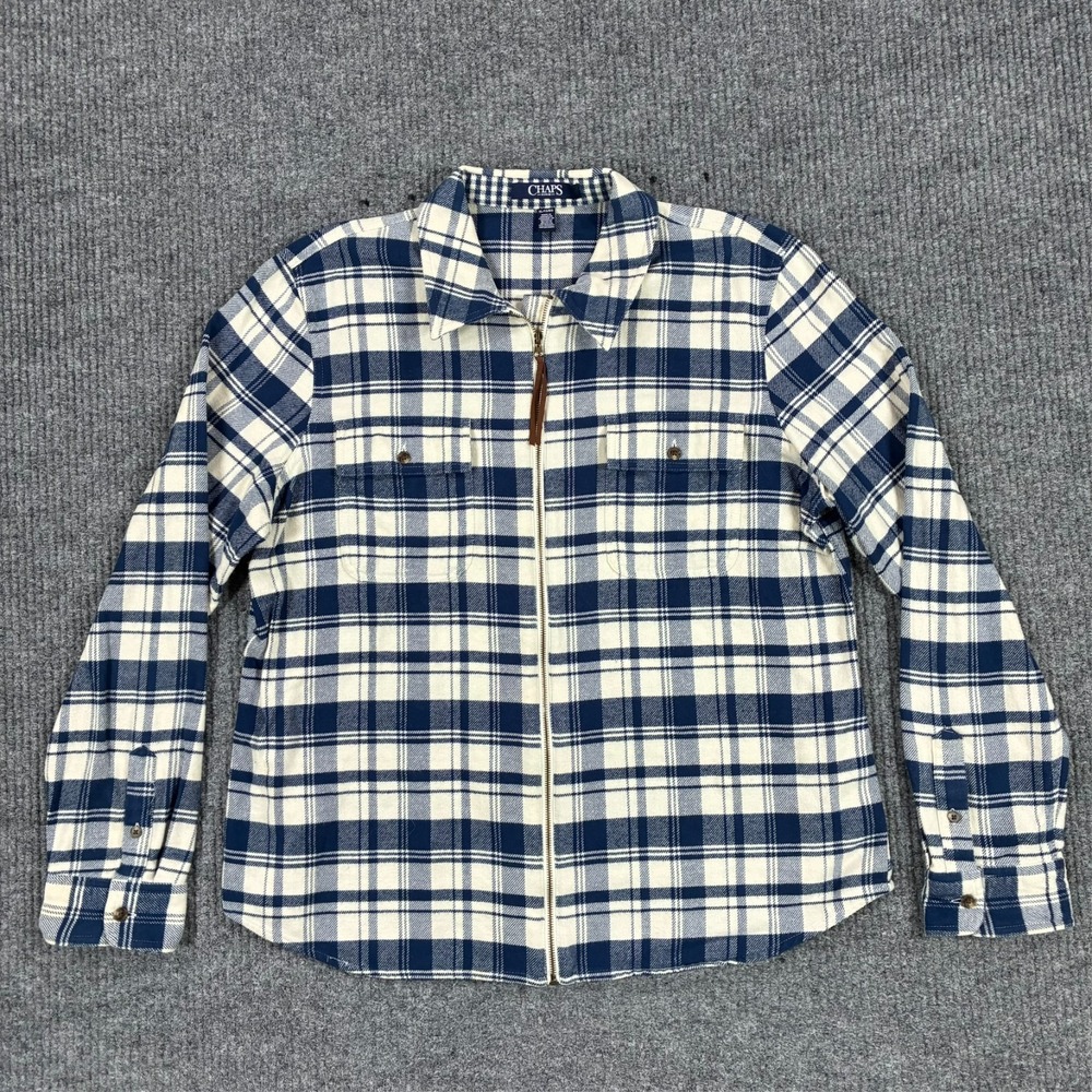 Chaps Denim Flannel Jacket Shirt Mens Size XL Blue White Plaid Zip Front